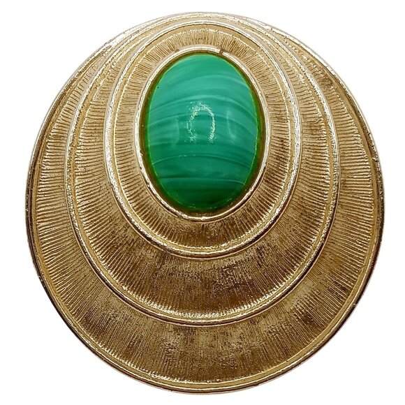 Vintage Sarah Coventry Brooch Pendant Malachite Gold Tone Green Striped Stone - Picture 1 of 12